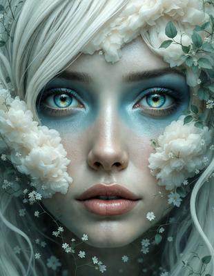 The primary subject of the image is a woman with white hair and blue eyes. She is wearing makeup and has a flower in her hair. The setting is a garden, with flowers and greenery surrounding her. The visual style is a digital art, creating a surreal and dreamy atmosphere. The colors are predominantly white and blue, with the flowers adding pops of color.